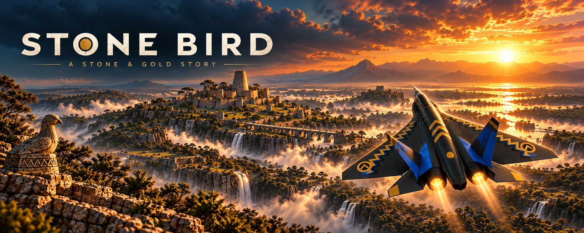 Stone Bird: a blue and gold aircraft above stone citadels and waterfalls at sunset