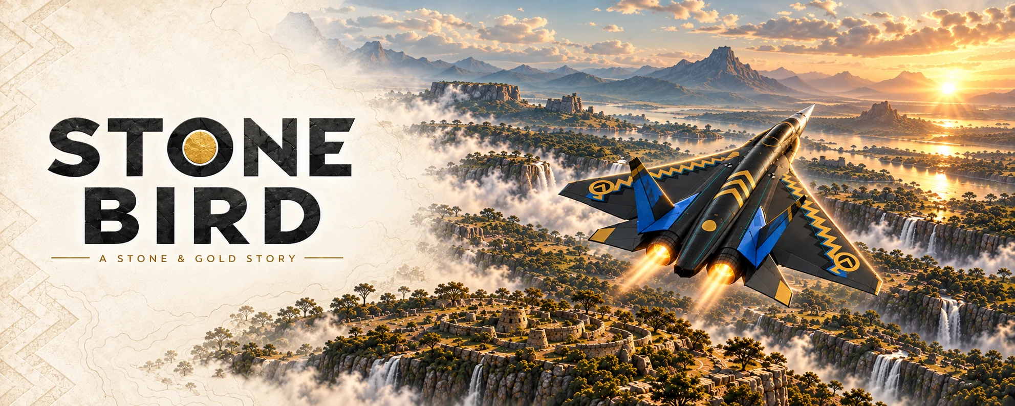 Goredema banking over an imagined landscape of stone walls, mountains and waterfalls